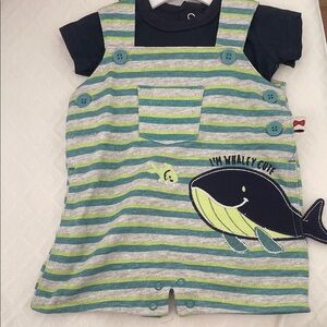 Whale-Themed Kids Matching Set - Green and Blue Stripes